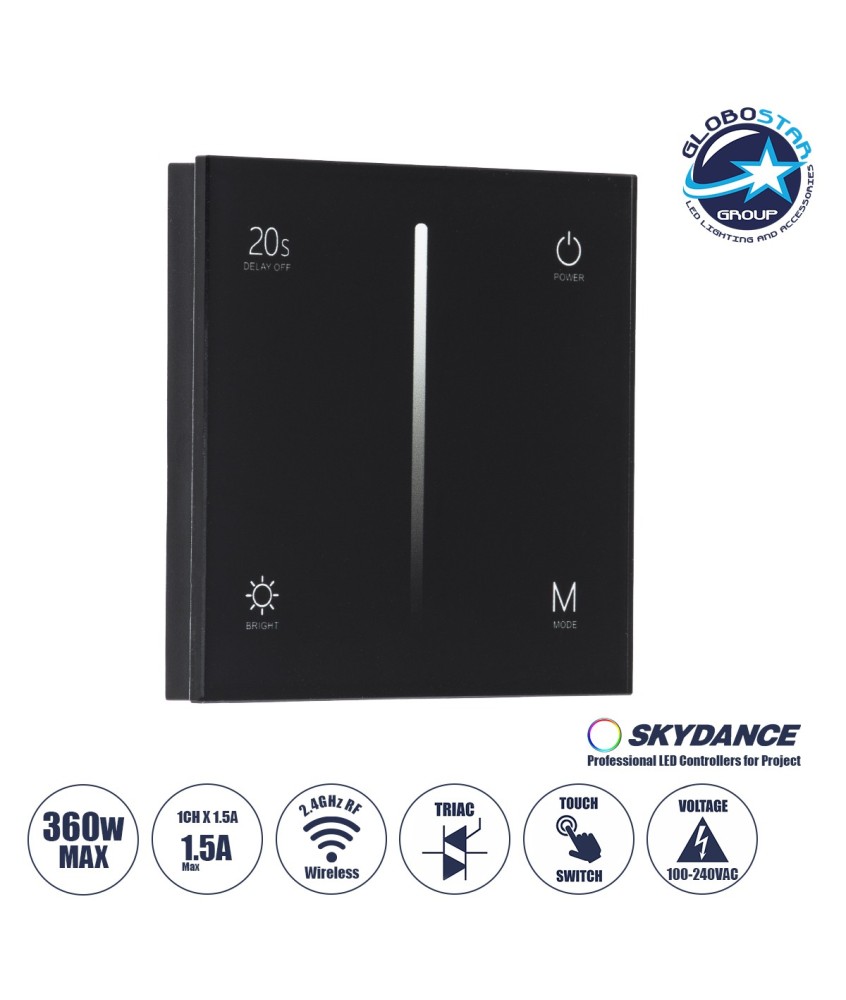 GloboStar® 71453 S1-T SKYDANCE AC Smart RF 2.4Ghz & Αφής - Touch Triac Dimming AC100-240V σε AC100-240V 1 x 1.5A 360W - Max 1.5A 360W - IP20 - Μαύρο Σώμα - Μ8.5 x Π8.5 x Υ3.2cm - 5 Years Warranty